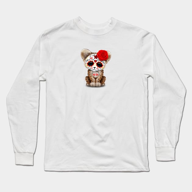 Red Day of the Dead Sugar Skull Leopard Cub Long Sleeve T-Shirt by jeffbartels